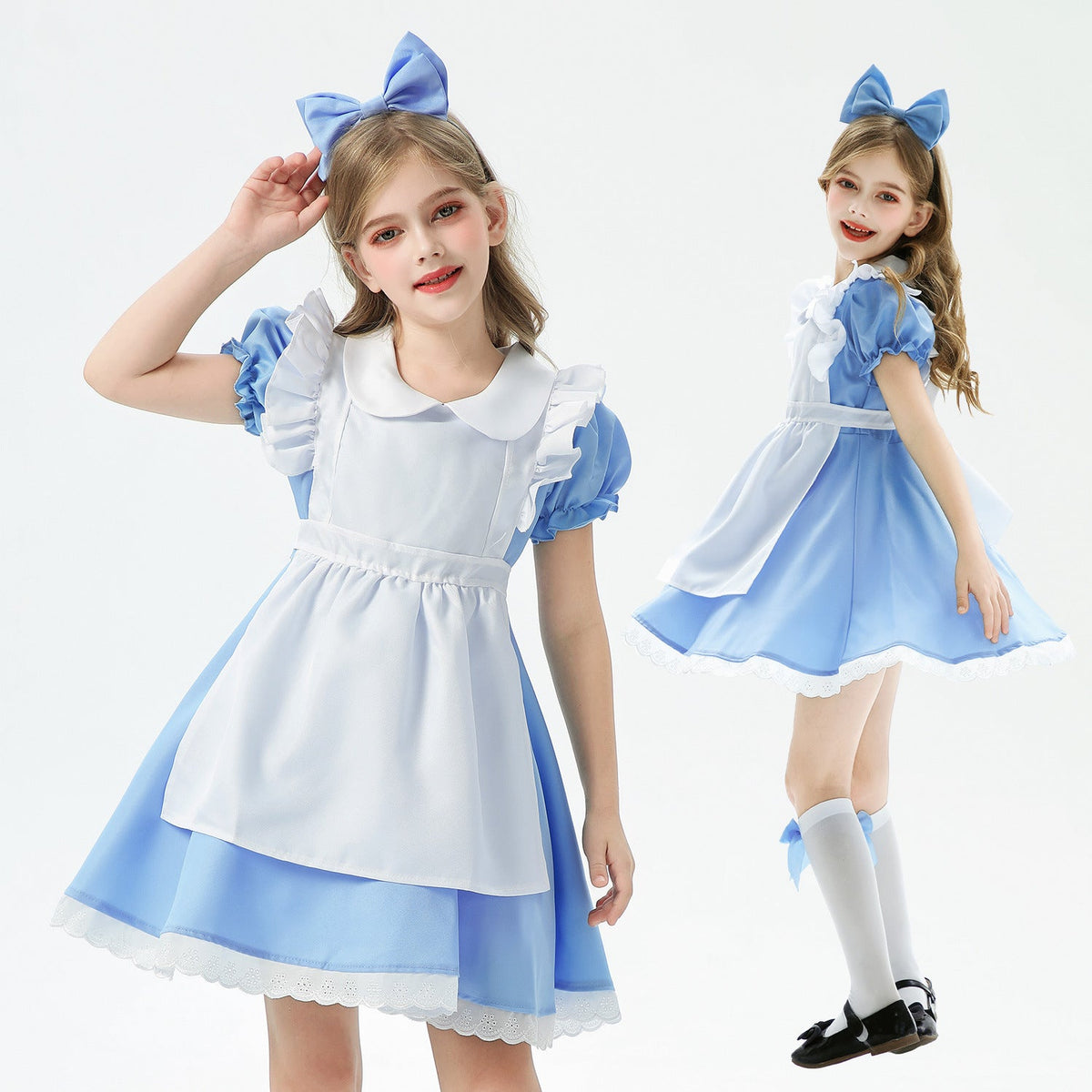 Girl wearing a blue costume dress with white apron, Peter Pan collar, puff sleeves and lace-trimmed hem - view 3