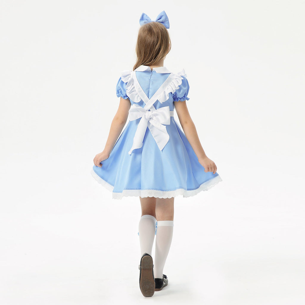 Girl wearing a blue costume dress with white apron, Peter Pan collar, puff sleeves and lace-trimmed hem - view 5
