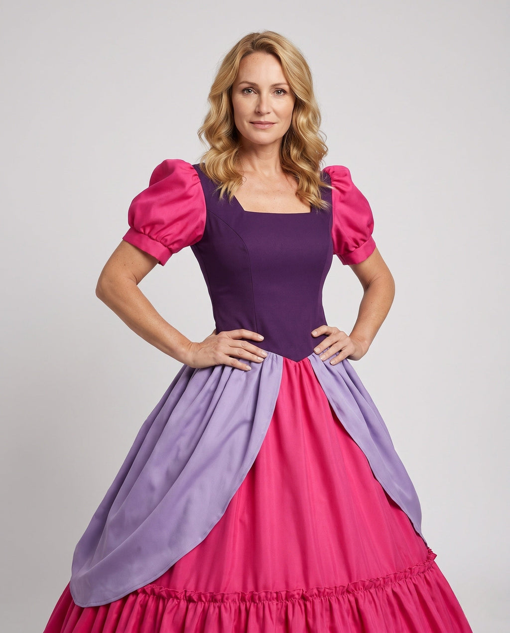 Women's princess Halloween costume dress with purple bodice, pink puff sleeves, lilac overskirt and ruffled skirt - view 2