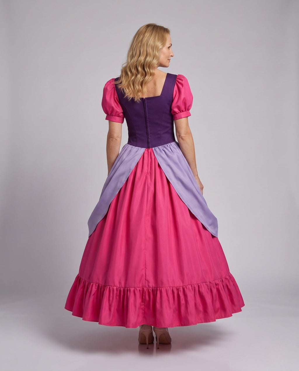 Women's princess Halloween costume dress with purple bodice, pink puff sleeves, lilac overskirt and ruffled skirt - view 4