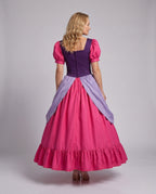 Women's princess Halloween costume dress with purple bodice, pink puff sleeves, lilac overskirt and ruffled skirt - view 4