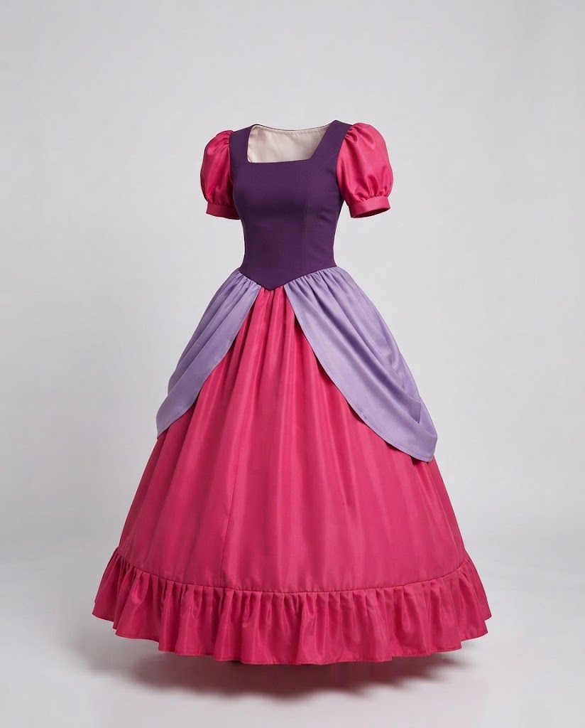 Women's princess Halloween costume dress with purple bodice, pink puff sleeves, lilac overskirt and ruffled skirt - view 5