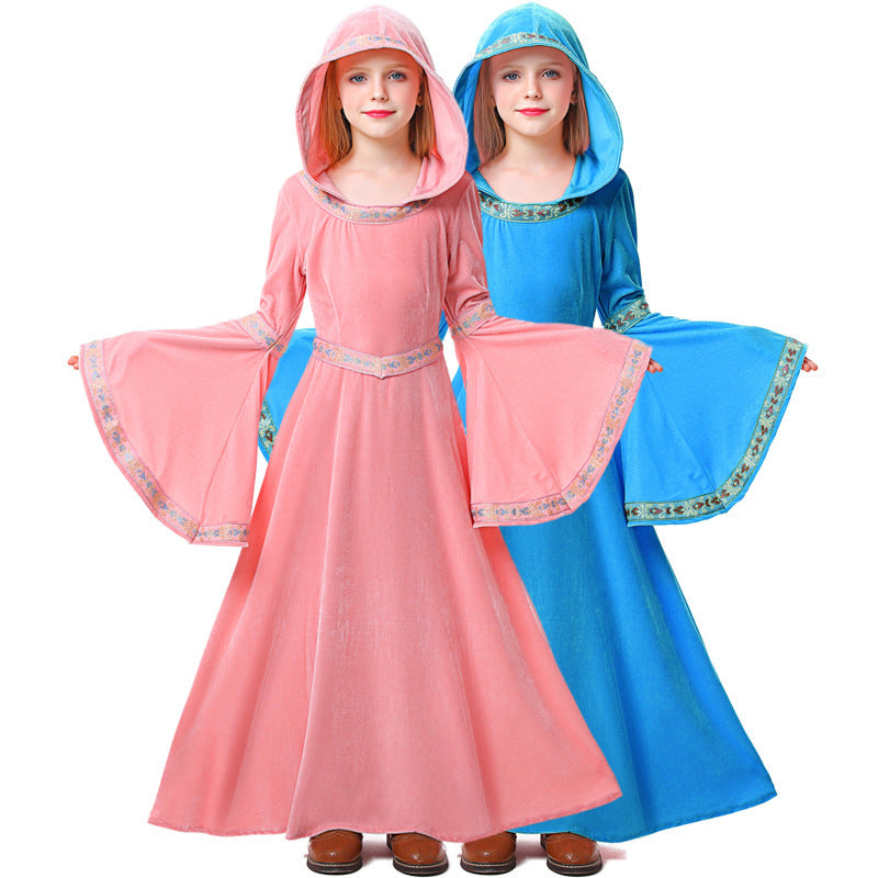 Girls hooded velvet wizard costume gown with bell sleeves and woven trim