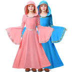Girls hooded velvet wizard costume gown with bell sleeves and woven trim
