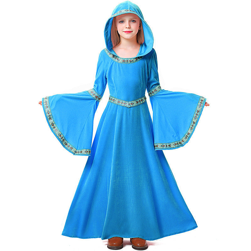 Girls hooded velvet wizard costume gown with bell sleeves and woven trim - view 3