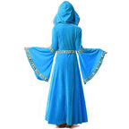 Girls hooded velvet wizard costume gown with bell sleeves and woven trim - view 4