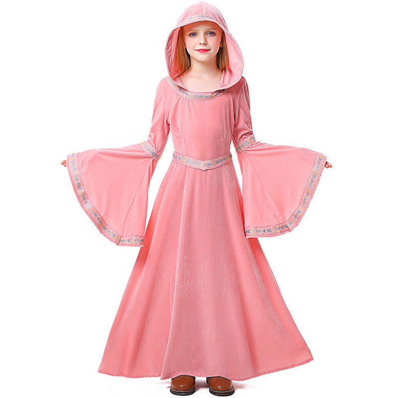 Girls hooded velvet wizard costume gown with bell sleeves and woven trim - view 5