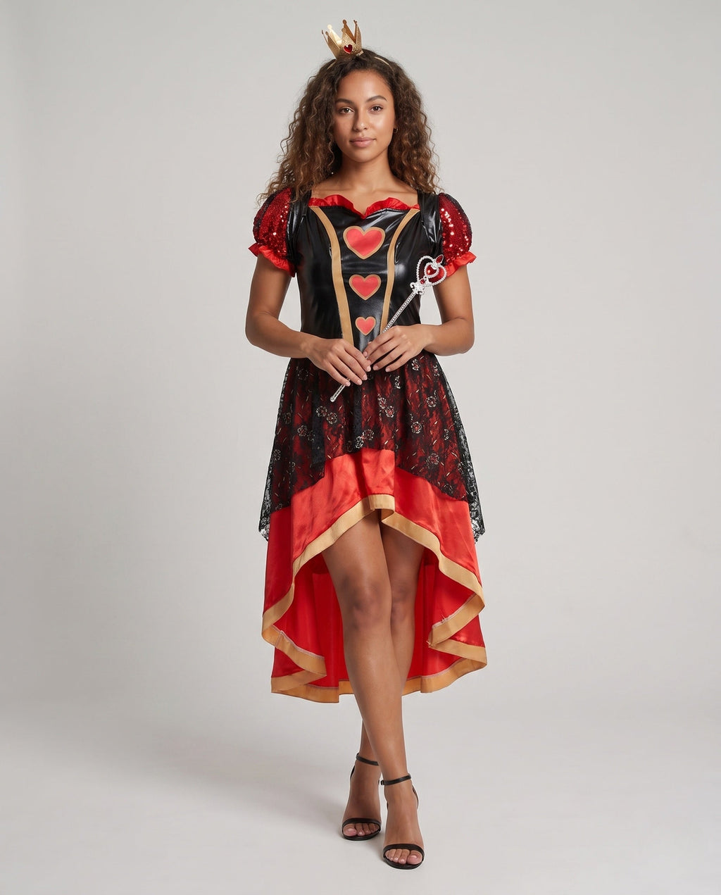 Women's queen Halloween costume with heart bodice, sequin puff sleeves and high-low satin skirt