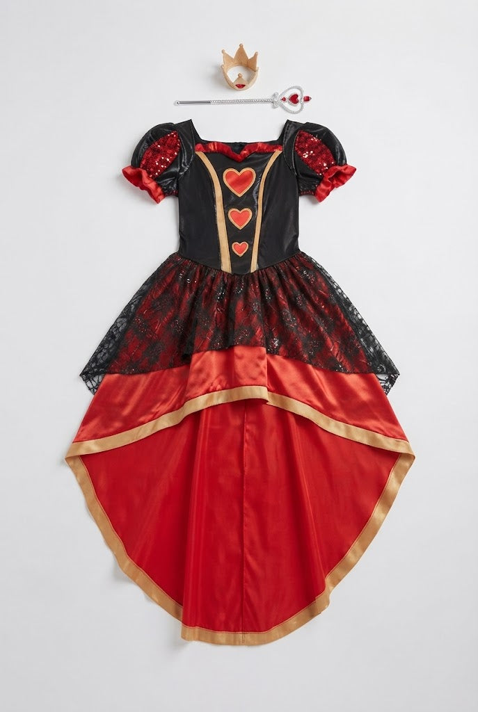 Women's queen Halloween costume with heart bodice, sequin puff sleeves and high-low satin skirt - view 5
