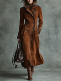 Brown faux suede long coat for women with contrast piping and double-breasted front