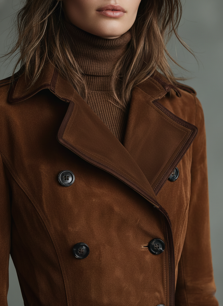 Brown faux suede long coat for women with contrast piping and double-breasted front - view 2