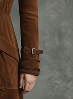 Brown faux suede long coat for women with contrast piping and double-breasted front - view 3