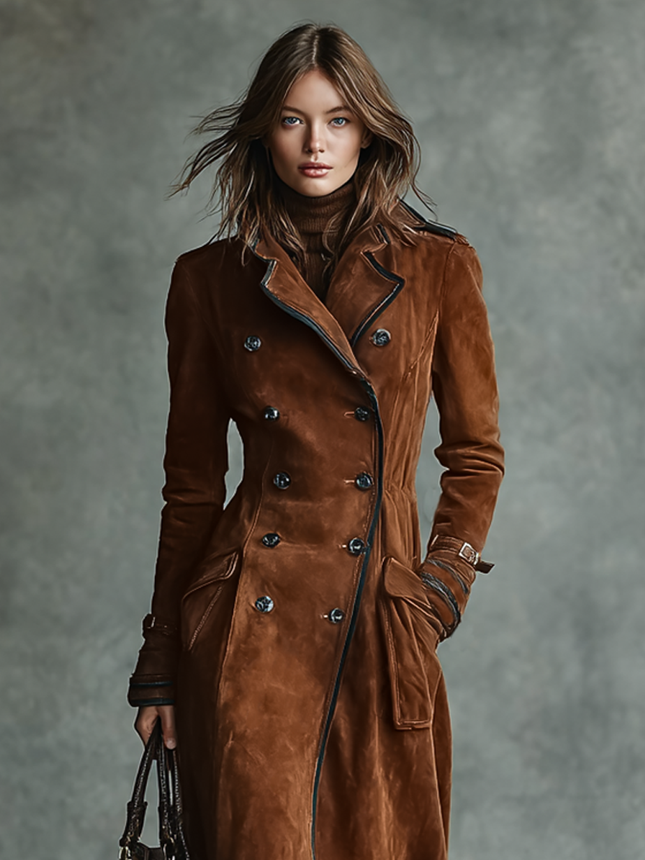 Brown faux suede long coat for women with contrast piping and double-breasted front - view 4