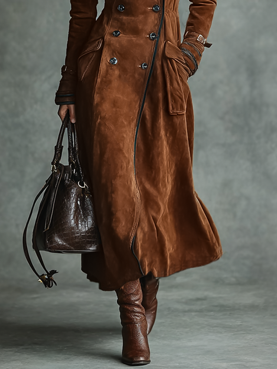 Brown faux suede long coat for women with contrast piping and double-breasted front - view 5
