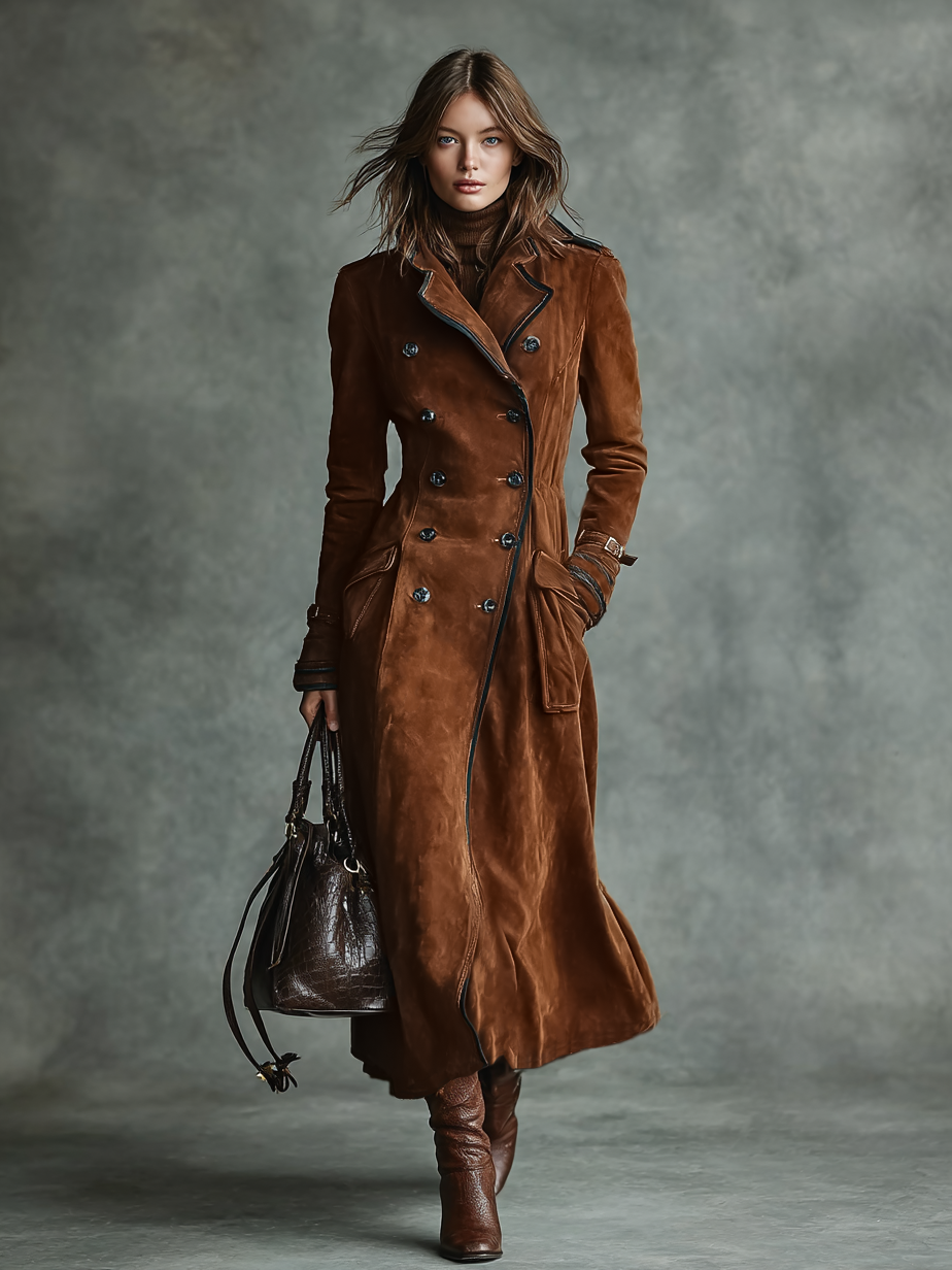 Brown faux suede long coat for women with contrast piping and double-breasted front - view 6