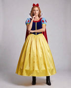 Women's fairytale princess Halloween costume with navy velvet bodice, blue puff sleeves, red cape, white collar and yellow skirt