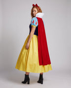 Women's fairytale princess Halloween costume with navy velvet bodice, blue puff sleeves, red cape, white collar and yellow skirt - view 3