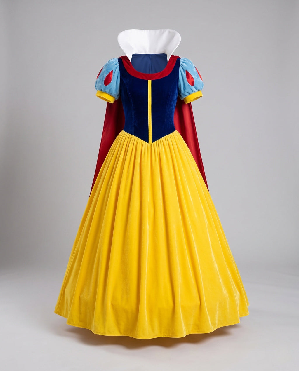 Women's fairytale princess Halloween costume with navy velvet bodice, blue puff sleeves, red cape, white collar and yellow skirt - view 4
