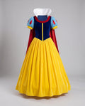 Women's fairytale princess Halloween costume with navy velvet bodice, blue puff sleeves, red cape, white collar and yellow skirt - view 4