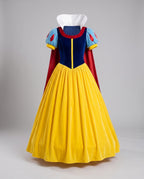 Women's fairytale princess Halloween costume with navy velvet bodice, blue puff sleeves, red cape, white collar and yellow skirt - view 4