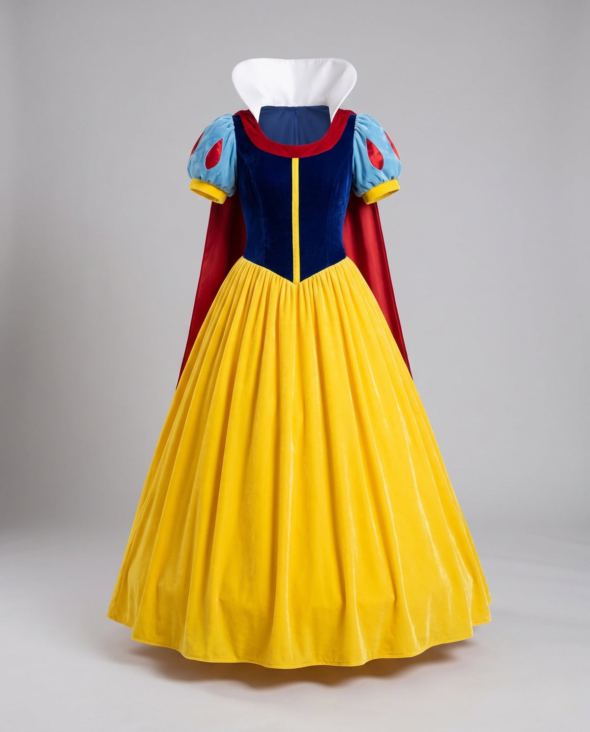 Women's fairytale princess Halloween costume with navy velvet bodice, blue puff sleeves, red cape, white collar and yellow skirt - view 4