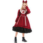 Girls red costume dress with ivory ruffled bib, red bows and black tiered ruffle hem - view 2