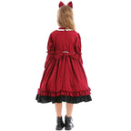 Girls red costume dress with ivory ruffled bib, red bows and black tiered ruffle hem - view 4