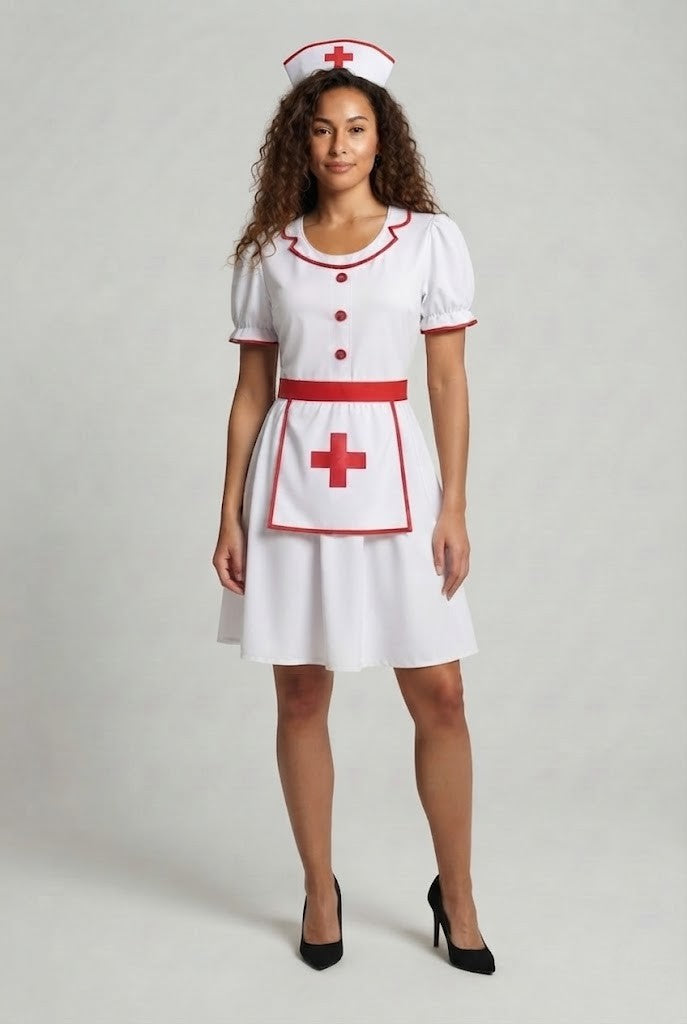 Women's white nurse Halloween costume dress with red trim and red cross apron