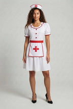 Women's white nurse Halloween costume dress with red trim and red cross apron