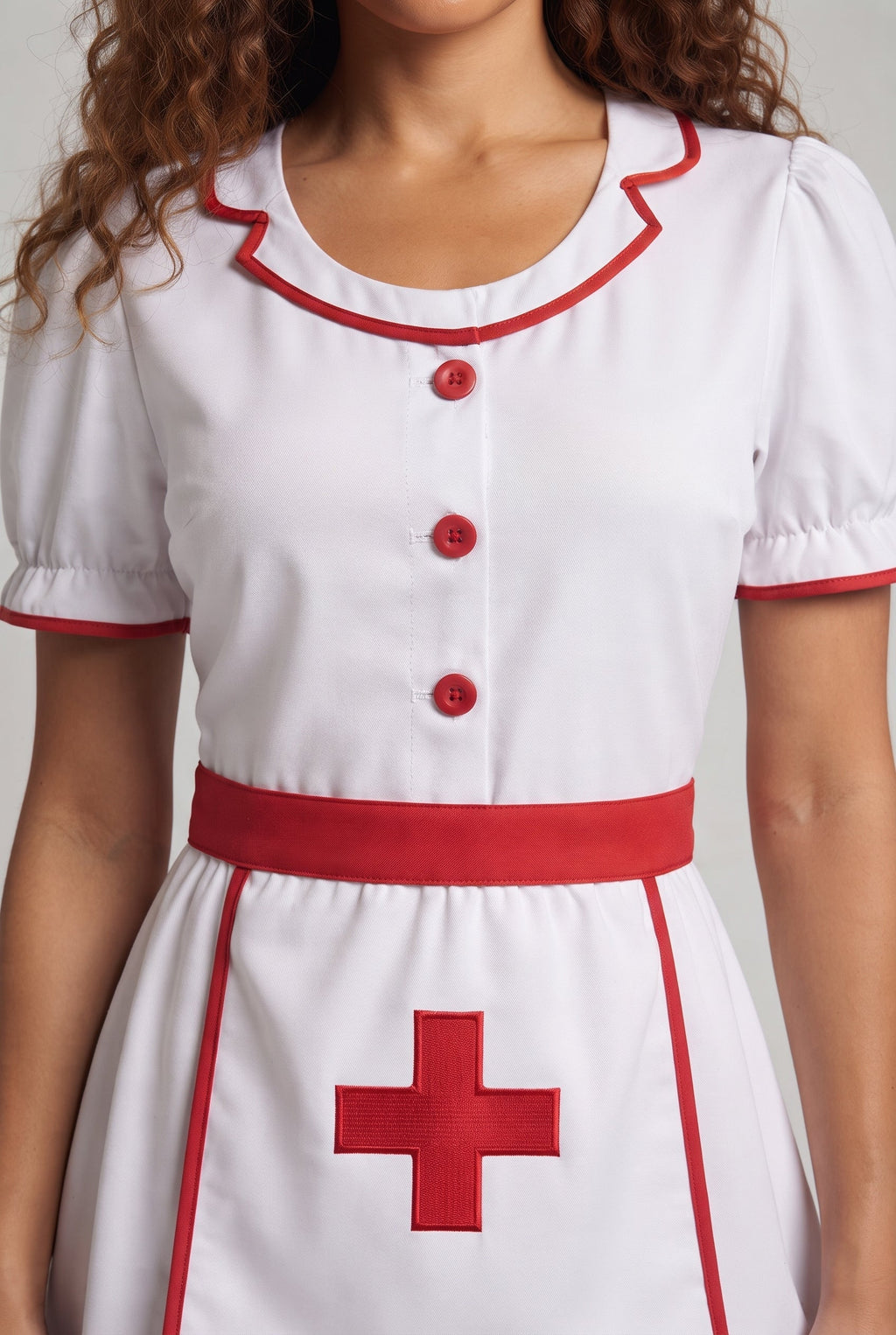 Women's white nurse Halloween costume dress with red trim and red cross apron - view 2