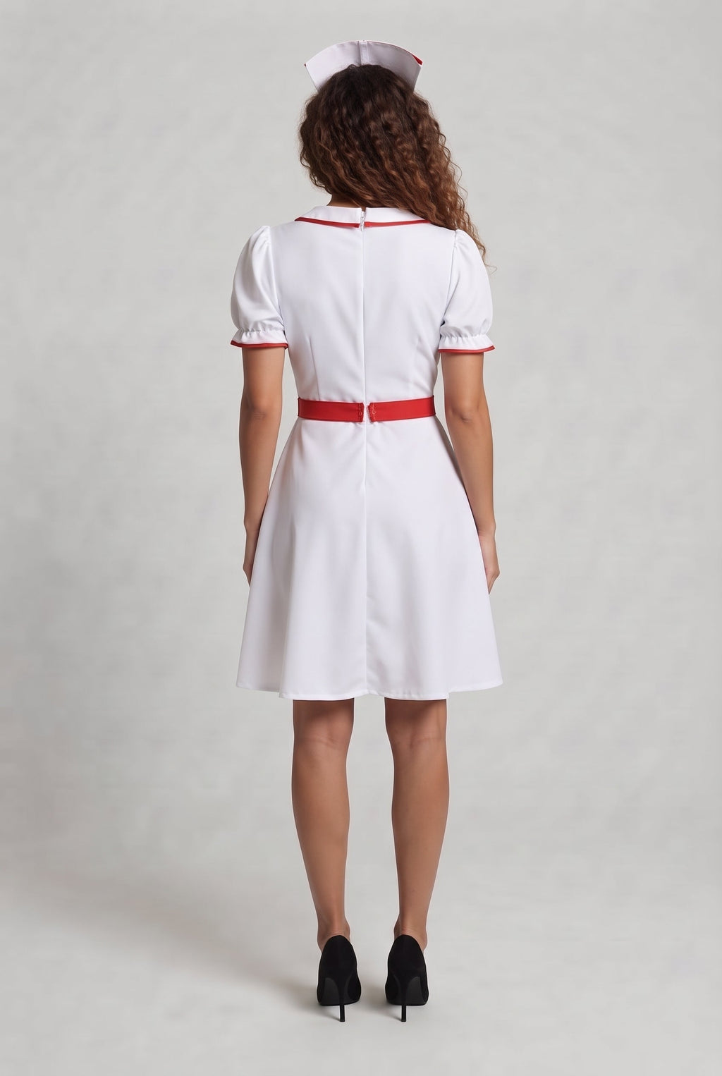 Women's white nurse Halloween costume dress with red trim and red cross apron - view 3