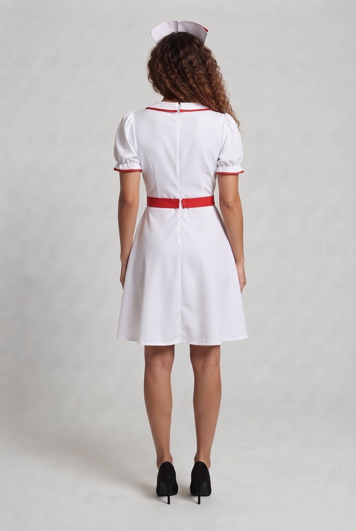 Women's white nurse Halloween costume dress with red trim and red cross apron - view 3