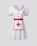 Women's white nurse Halloween costume dress with red trim and red cross apron - view 4