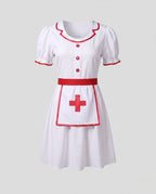 Women's white nurse Halloween costume dress with red trim and red cross apron - view 4