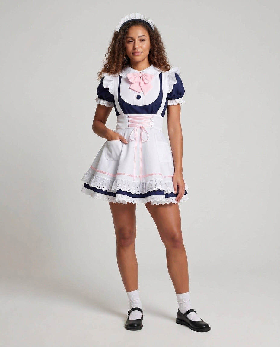 Women's navy and white maid Halloween costume dress with pink bow and lace-up apron