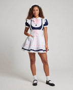 Women's navy and white maid Halloween costume dress with pink bow and lace-up apron