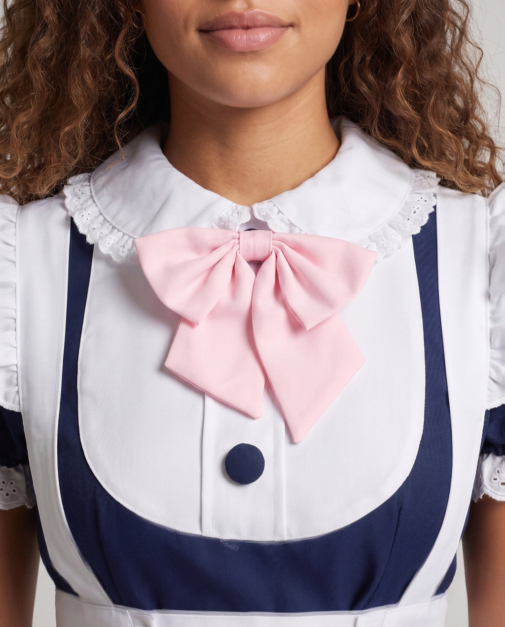 Women's navy and white maid Halloween costume dress with pink bow and lace-up apron - view 2