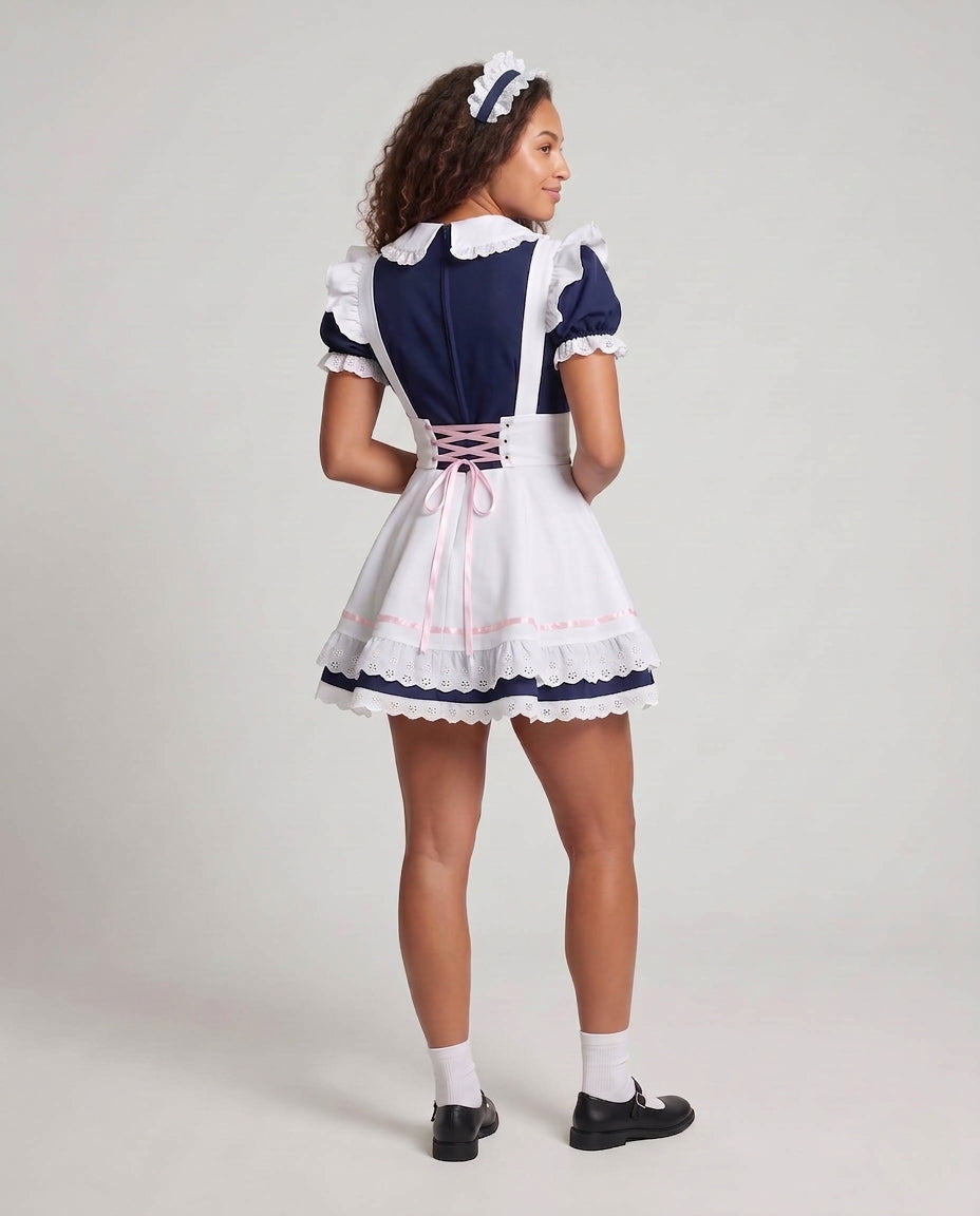 Women's navy and white maid Halloween costume dress with pink bow and lace-up apron - view 3