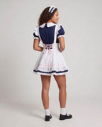 Women's navy and white maid Halloween costume dress with pink bow and lace-up apron - view 3