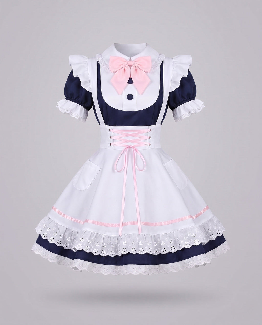 Women's navy and white maid Halloween costume dress with pink bow and lace-up apron - view 4