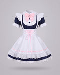 Women's navy and white maid Halloween costume dress with pink bow and lace-up apron - view 4