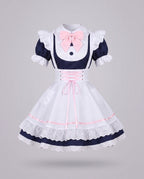 Women's navy and white maid Halloween costume dress with pink bow and lace-up apron - view 4