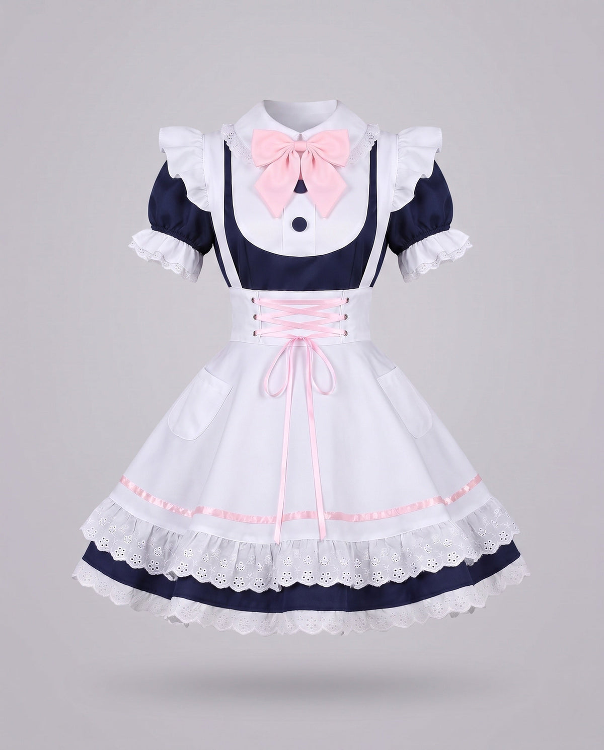 Women's navy and white maid Halloween costume dress with pink bow and lace-up apron - view 4