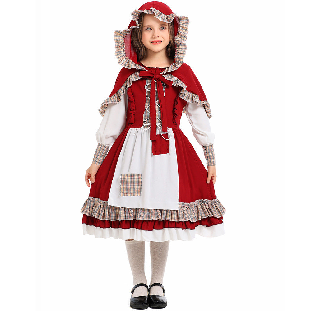 Girls fairy tale Halloween costume with red ruffled hooded cape, lace-up bodice dress and white apron
