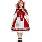 Girls fairy tale Halloween costume with red ruffled hooded cape, lace-up bodice dress and white apron