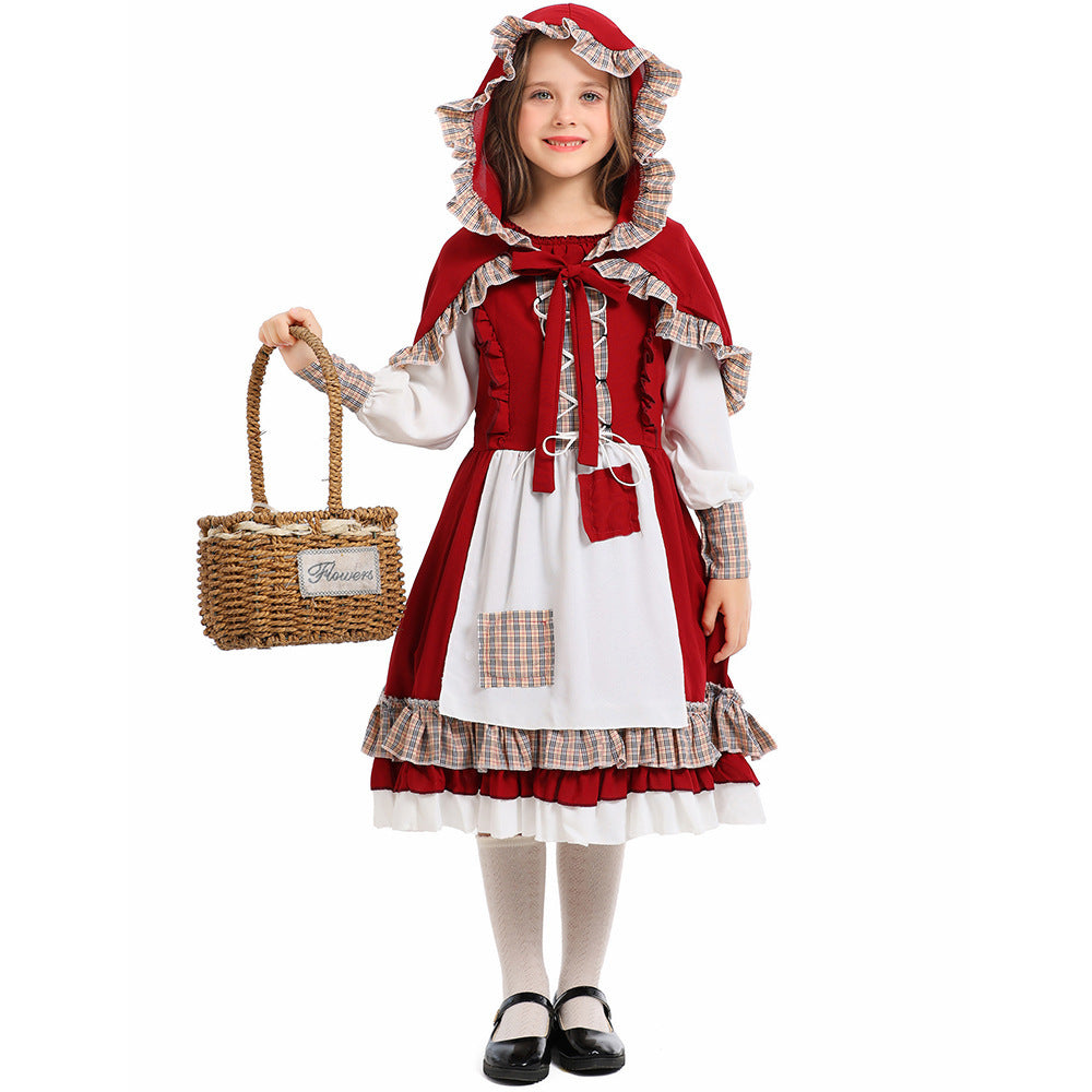 Girls fairy tale Halloween costume with red ruffled hooded cape, lace-up bodice dress and white apron - view 2