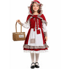 Girls fairy tale Halloween costume with red ruffled hooded cape, lace-up bodice dress and white apron - view 2