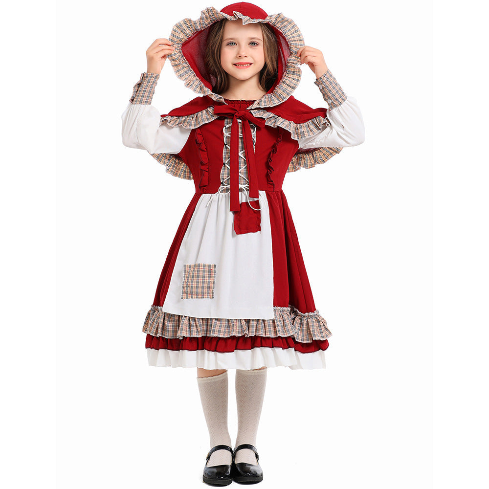 Girls fairy tale Halloween costume with red ruffled hooded cape, lace-up bodice dress and white apron - view 3