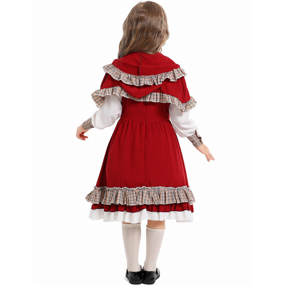 Girls fairy tale Halloween costume with red ruffled hooded cape, lace-up bodice dress and white apron - view 4