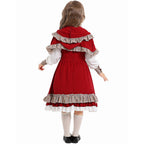 Girls fairy tale Halloween costume with red ruffled hooded cape, lace-up bodice dress and white apron - view 4